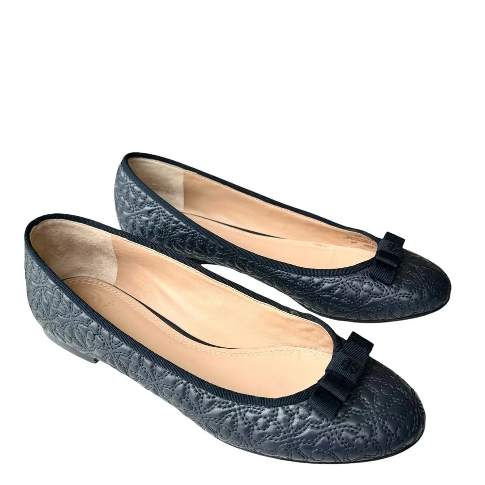 Tory Burch Marion Quilted Navy Blue Flats Leather Bow Detail